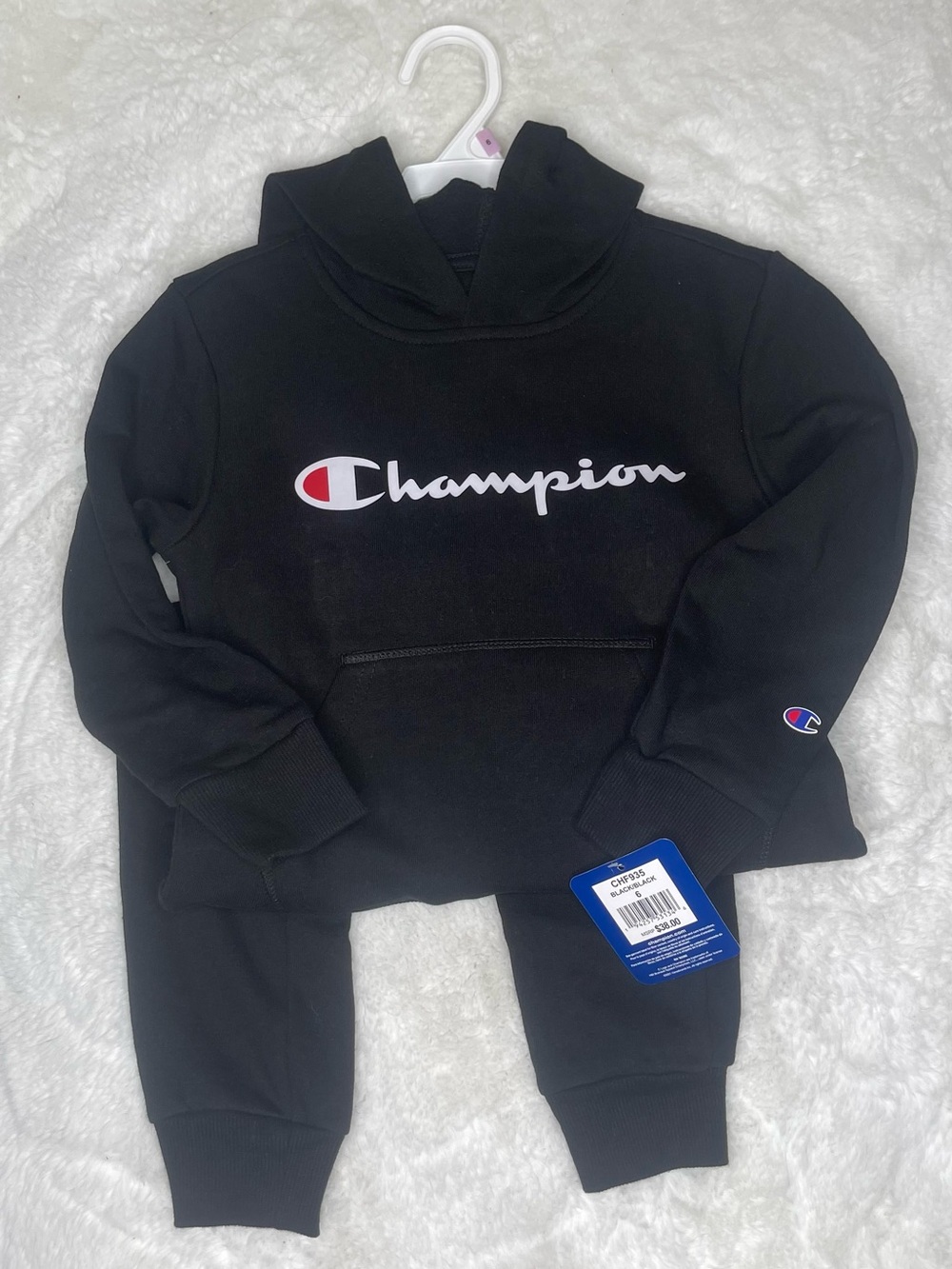 Champion Black Hoodie and Joggers with White Script and Red Accent